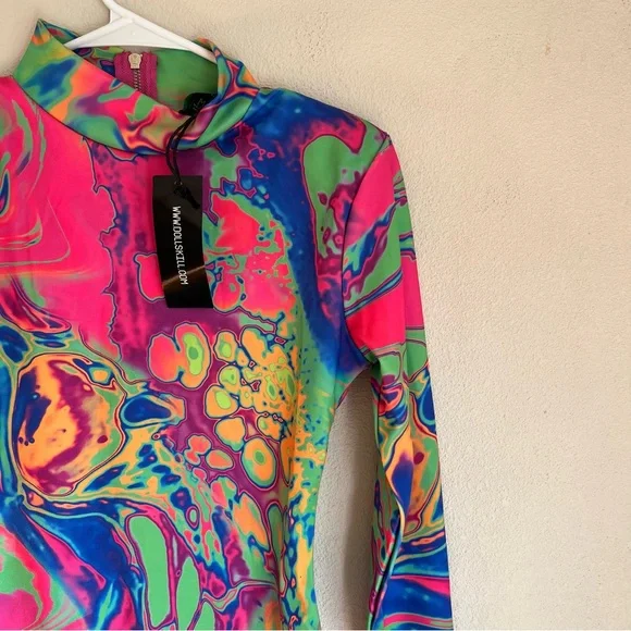Dollskill Club Exx Acid Amoeba Neon Bodysuit Psychedelic Sz Medium - Picture 3 of 8